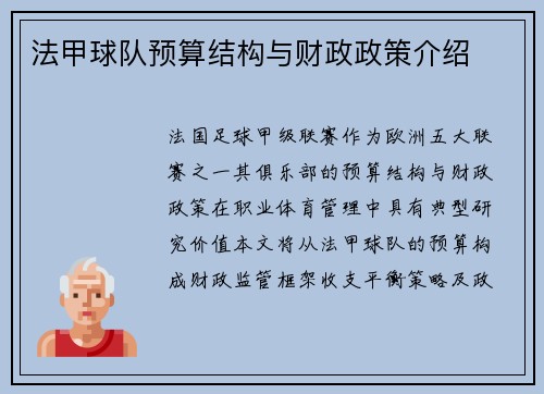 法甲球队预算结构与财政政策介绍