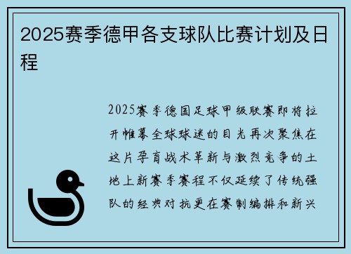 2025赛季德甲各支球队比赛计划及日程